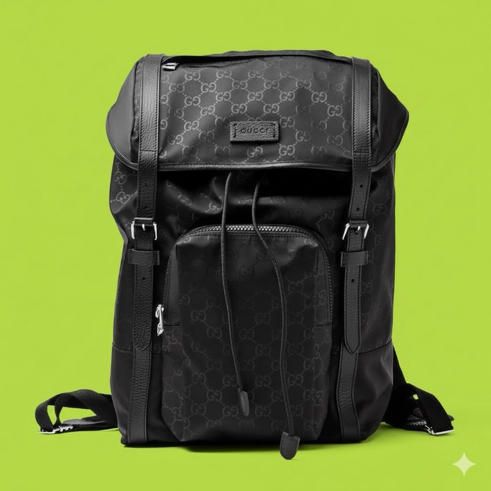 Gucci backpack in black monogram nylon canvas and leather with sivler hardware